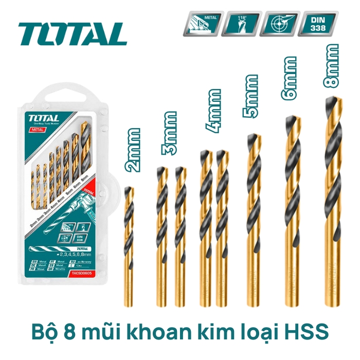 Bộ 8 mũi khoan kim loại HSS Total TACSD0801