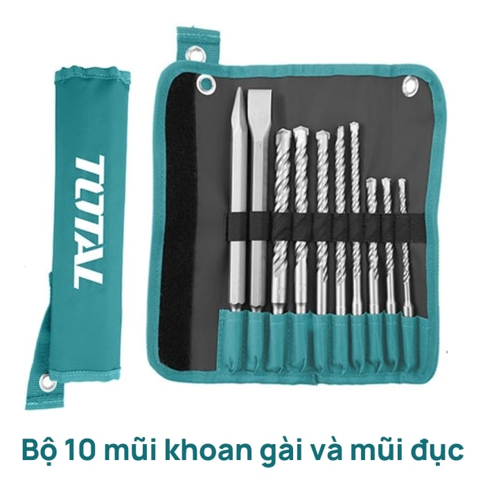 Bộ 10 mũi khoan gài và mũi đục bê tông Total TACSD19101
