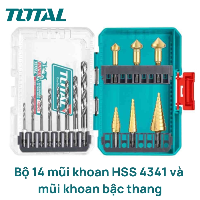 Bộ 14 mũi khoan HSS 4341 và mũi khoan bậc thang Total TACSDL61401