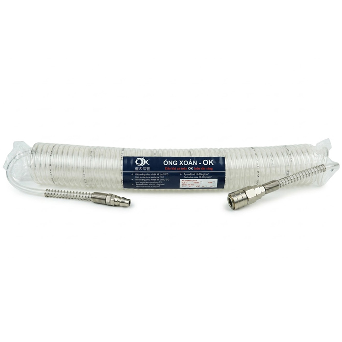 Dây khí nén PU xoắn 12x8mm đầu lò xo chống gập dây OK JAPAN