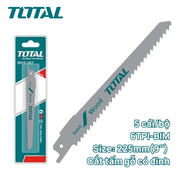 Bộ 5 lưỡi cưa kiếm 225mm cắt gỗ có đinh Total TRSB1111DF